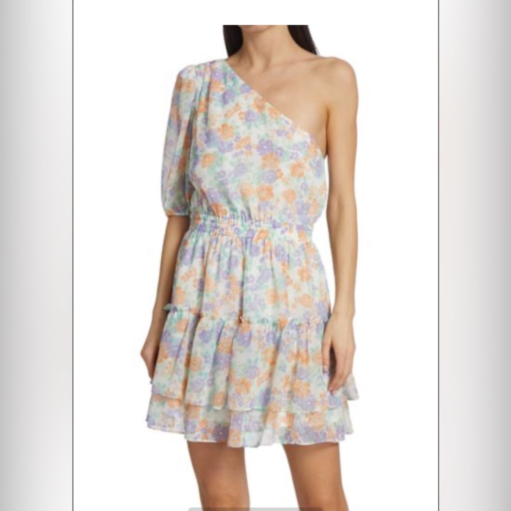 Wayf Floral One-Shoulder Tiered Mini Dress. XL.
